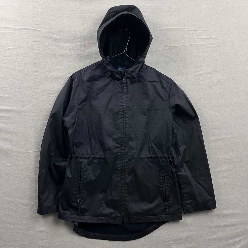 Gap Windbreaker Jacket Men Medium Black Hooded Zip Drawstring Waist Fleece Lined